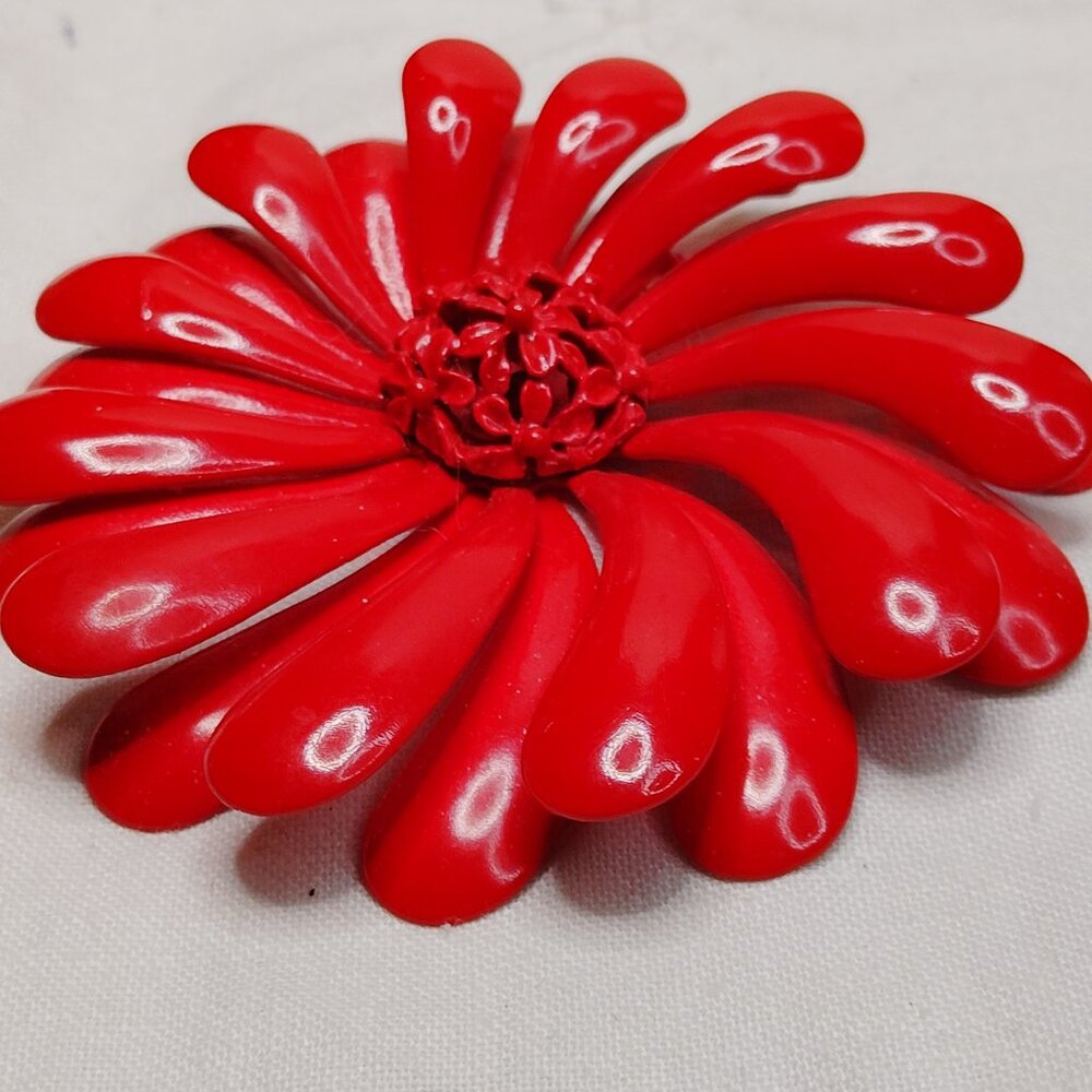 1960s Red Enamel Flower Brooch • Tiered Petals & Filigree Center • 3”